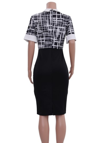 Print Black Turndown Collar Short Sleeves Tight Midi Dress