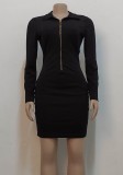Black Turndown Collar Long Sleeves Zip Up Skinny Mini Dress