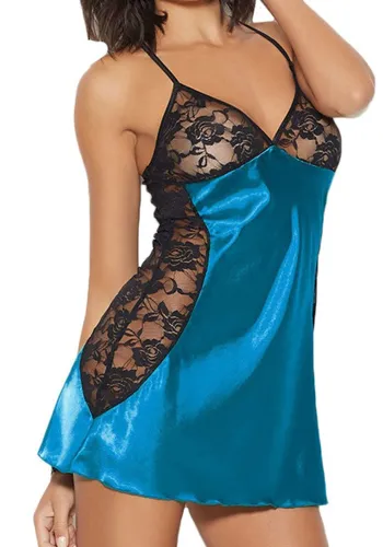 Lake Blue Silk and Black Lace Contrast Cami Mini Nightdress Lingerie
