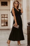 Black Chiffon V-Neck Sleeveless Wrap Pleated Long Dress with Belt