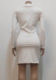 White Turndown Collar Long Sleeves Zip Up Skinny Mini Dress