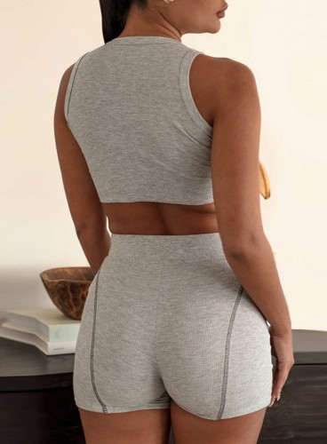 Grey O-Neck Sleeveless Crop Top and High Waist Tight Shorts 2PCS Set