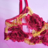 Pink Flower Embroidery Cami Underwear Bra Garter Lingerie 3PCS Set