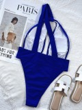 Blue One Shoulder Hollow Out High Cut One Piece Swimsuit
