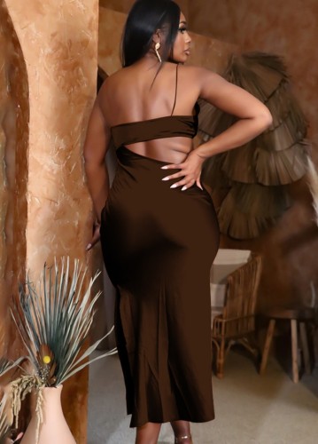 Brown Silk Cami Sleeveless Cut Out Ruffles Long Dress