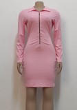 Pink Turndown Collar Long Sleeves Zip Up Skinny Mini Dress
