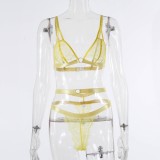 Yellow Lace O-Ring Cami Bra And T-Back Lingerie 2PCS Set