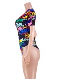 Colorful Graffiti Print O-Neck Puffed Short Sleeves Bodysuit