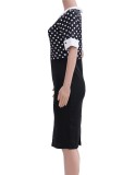 Dot Print Black Turndown Collar Short Sleeves Tight Midi Dress