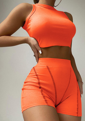 Orange O-Neck Sleeveless Crop Top and High Waist Tight Shorts 2PCS Set
