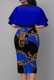 Retro Print Blue Knotted Short Sleeves Ruffle Midi Dress