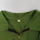 Green Turndown Collar Long Sleeves Zip Up Skinny Mini Dress