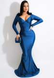 Blue Silk V-Neck Long Sleeves Backless Fitted Mermaid Maxi Dress