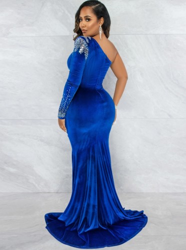 Blue Beaded Velvet Mesh Patched One Shoulder Single Sleeves Maxi Dress