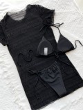 Black Chiffon Short Sleeves Mini Dress and Cami Halter Bikini 3PCS Set