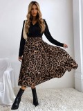 Leopard Print Brown High Waist Elasticated A-Line Long Skirts