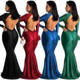 Blue Silk V-Neck Long Sleeves Backless Fitted Mermaid Maxi Dress