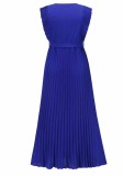 Blue Chiffon V-Neck Sleeveless Wrap Pleated Long Dress with Belt