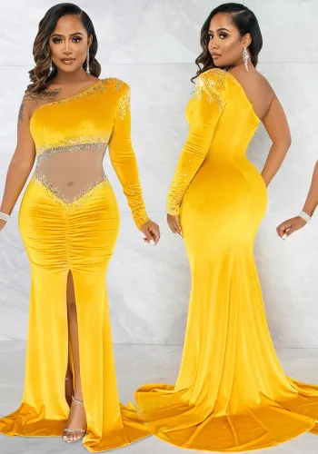 Yellow Beaded Velvet Mesh Patched One Shoulder Single Sleeves Maxi Dress