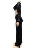 Black Beaded Velvet Mesh Patched One Shoulder Single Sleeves Maxi Dress