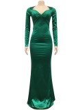 Green Silk V-Neck Long Sleeves Backless Fitted Mermaid Maxi Dress