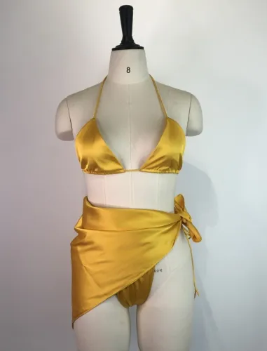 Yellow Silk Halter Cami Bikini and Cover-Up Three Piece Set