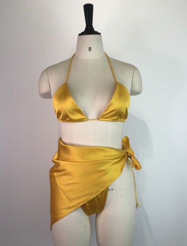 Yellow Silk Halter Cami Bikini and Cover-Up Three Piece Set