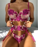 Rose Flower Embroidery Cami Underwear Bra Garter Lingerie 3PCS Set