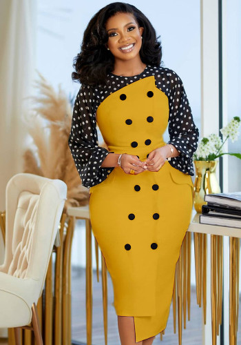 Dot Print Yellow Double-Breasted O-Neck Long Sleeves Irregular Midi Dress