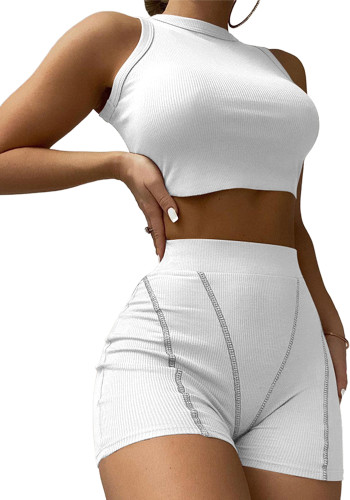 White O-Neck Sleeveless Crop Top and High Waist Tight Shorts 2PCS Set