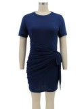 Blue Modest Knotted O-Neck Short Sleeves Mini Shirt Dress