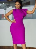 Purple O-Neck Single Shoulder Short Sleeve Midi Office Dress