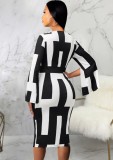 Black and White Contrast O-Neck Long Sleeves Midi Dress