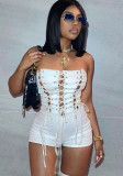 White Hollow Out Lace Up Off Shoulder Sleeveless Rompers