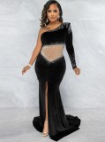 Black Beaded Velvet Mesh Patched One Shoulder Single Sleeves Maxi Dress