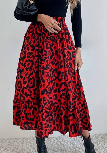 Leopard Print Red High Waist Elasticated A-Line Long Skirts