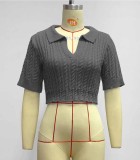 Grey Knitted Turndown Collar V-Neck Short Sleeves Crop Top