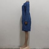 Dk-Blue Zip Up Turndown Collar Long Sleeves Tight Mini Denim Dress
