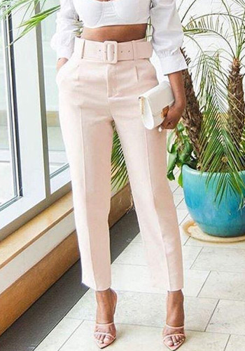Beige Straight High Waist Belte Pants with Pocket