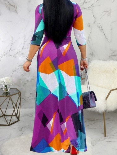 Multicolor Geometric Print V-Neck 3/4 Sleeves Maxi Dress with Belt