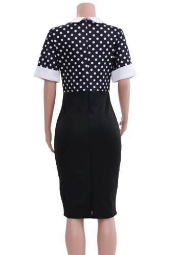 Dot Print Black Turndown Collar Short Sleeves Tight Midi Dress