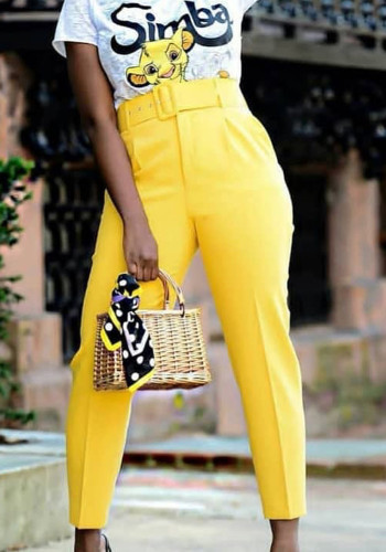 Yellow Straight High Waist Belte Pants with Pocket