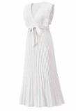 White Chiffon V-Neck Sleeveless Wrap Pleated Long Dress with Belt