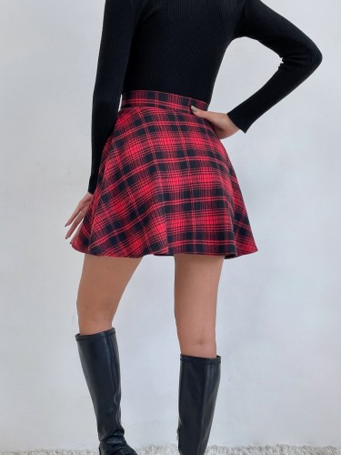 Plaid Print High Waist Button Up A-Line Mini Skater Skirts