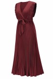 Red Chiffon V-Neck Sleeveless Wrap Pleated Long Dress with Belt