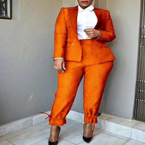 Plus Size Orange Casual Blazer and Tie Bottom Pants Two Piece Set