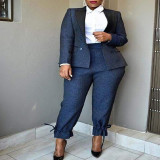 Plus Size Navy Casual Blazer and Tie Bottom Pants Two Piece Set