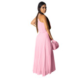 Pink Pleated Halter Crop Top and Long Skirt 2PCS Set