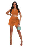 Sexy Apricot U Neck Crop Tank and Fringed Shorts Two Piece Set