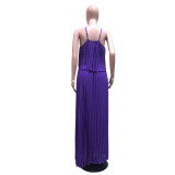 Purple Pleated Halter Crop Top and Long Skirt 2PCS Set